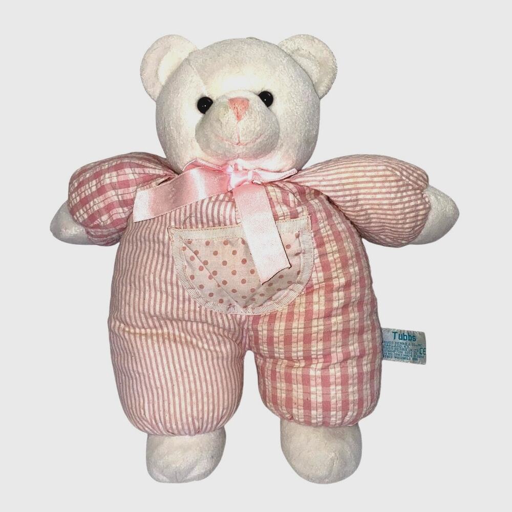 Vintage Russ Berrie Plush Bear Tubbs Pink Seersucker 12" w inside Rattle gingham